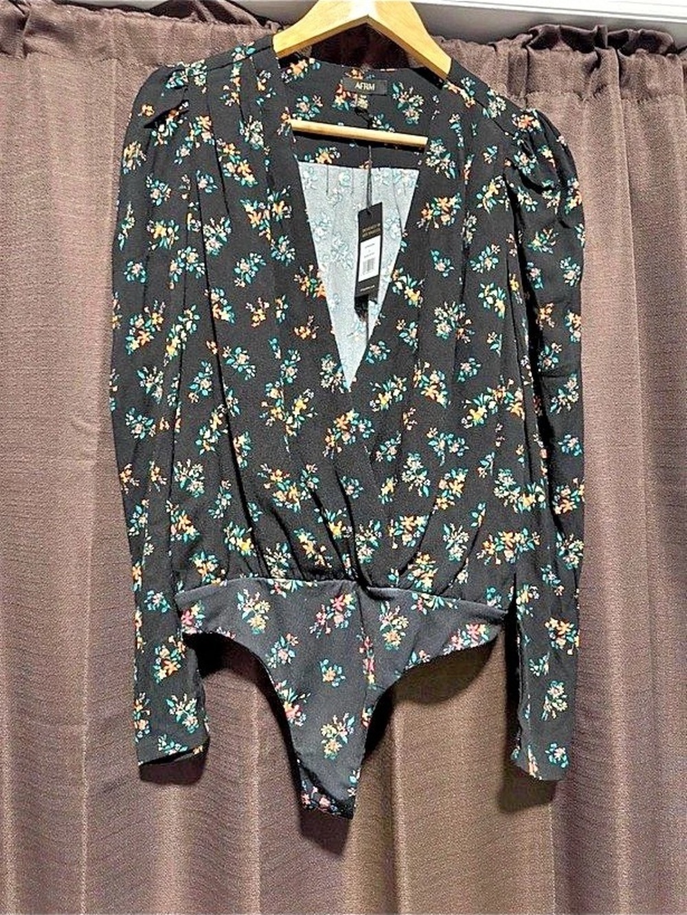 NWT AFRM Floral Plunging V-Neck Bodysuit Long Sleeve Black Multi S
